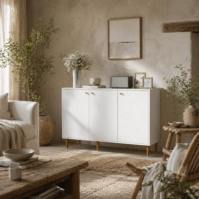 Wyld Haus Rasuno Ledi White And Gold-Tone 2-Cupboard Sideboard With Scandi Line Pattern, 1070X350X770mm - image 1