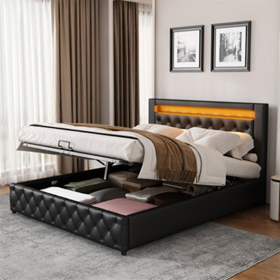 Abrihome Functional Upholstered Bed 135X190 Cm, Black Pu With Storage, Slatted Frame & Multi-Colour Led Lights - image 1
