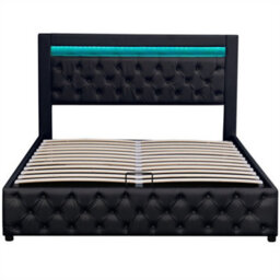 Abrihome Functional Upholstered Bed 135X190 Cm, Black Pu With Storage, Slatted Frame & Multi-Colour Led Lights - thumbnail 6