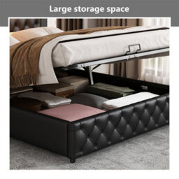 Abrihome Functional Upholstered Bed 135X190 Cm, Black Pu With Storage, Slatted Frame & Multi-Colour Led Lights - thumbnail 2