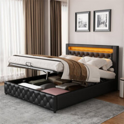 Abrihome Functional Upholstered Bed 135X190 Cm, Black Pu With Storage, Slatted Frame & Multi-Colour Led Lights - thumbnail 1