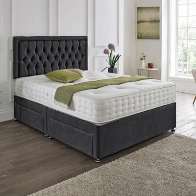 Dining Tables Lisbon Matching Headboard Divan Set, 2 Drawer On Same Side With Sprung 1500 Comfort Mattress - Chenille Charcoal - Double - image 1