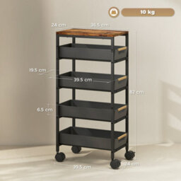 Homcom Kitchen Storage Trolley Mobile Utility Cart For Kitchen Office Black - thumbnail 3