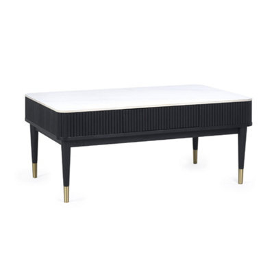 Oakham Lauriston Fluted Stone Top Coffee Table With 2 Drawers In White Marble And Black - image 1