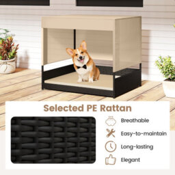Costway Wicker Dog House Raised Rattan Dogs Bed With Removable Cushion-Black - thumbnail 7