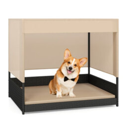 Costway Wicker Dog House Raised Rattan Dogs Bed With Removable Cushion-Black