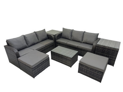 Fimous Outdoor 3 Seater Sofa Coffee Table Set Garden Rattan Furniture Set 8 Seater With 2 Big Stool 2 Side Tables Dark Grey - image 1