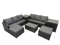 Fimous Outdoor 3 Seater Sofa Coffee Table Set Garden Rattan Furniture Set 8 Seater With 2 Big Stool 2 Side Tables Dark Grey - thumbnail 1