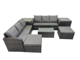 Fimous Outdoor 3 Seater Sofa Coffee Table Set Garden Rattan Furniture Set 8 Seater With 2 Big Stool 2 Side Tables Dark Grey - thumbnail 2
