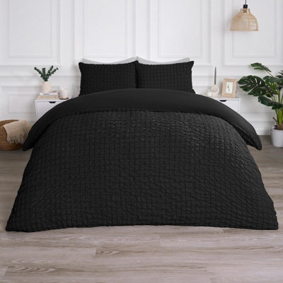 OHS Luxury Seersucker Duvet Cover Set Geo Pillowcase Quilt, Black - Single - image 1