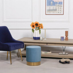 Amour Ocean Blue Velvet Pouffe Gold Trim Round Stool Ottoman - thumbnail 4