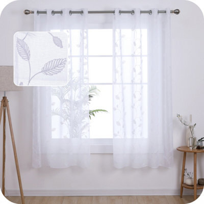 Deconovo Linen Effect Embroidered Voile Curtains Eyelets Sheer Curtains Home Decorative Net Curtains 55 X 72 Inch White 1 Pair