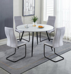 Hallowood Furniture Cullompton Large Round White Marble Effect Dining Table 120Cm With 4 Grey High Back Chairs