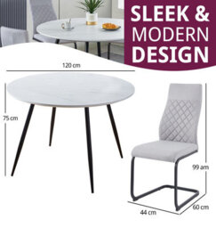Hallowood Furniture Cullompton Large Round White Marble Effect Dining Table 120Cm With 4 Grey High Back Chairs - thumbnail 3