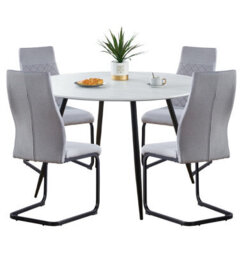 Hallowood Furniture Cullompton Large Round White Marble Effect Dining Table 120Cm With 4 Grey High Back Chairs - thumbnail 8
