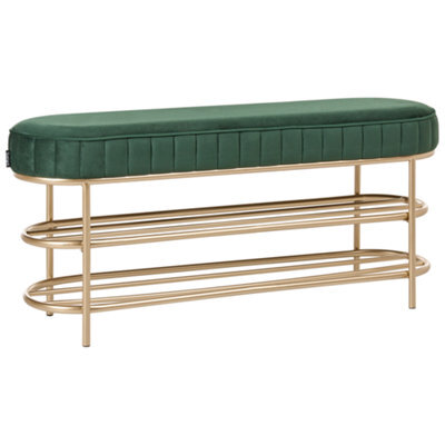 Beliani 2 Tier Shoe Bench Vergennes Velvet Emerald Green With Shelf - image 1