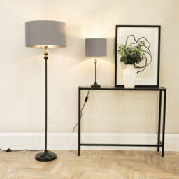Valuelights Maggie Black Metal Candlestick Floor Lamp With Grey And Metallic Chrome Lamp Shade - thumbnail 3