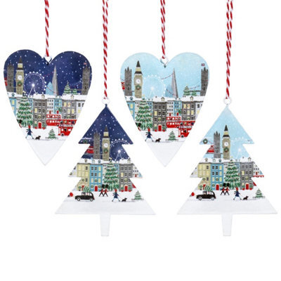 Gisela Graham Christmas - Set Of 4 London Scene Shaped Christmas Tree Decorations, 11 X 8 X 1 Cm Each
