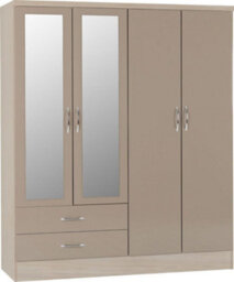 Seconique Nevada 4 Door 2 Drawer Mirrored Wardrobe In Oyster Gloss And Oak Effect Finish - thumbnail 1