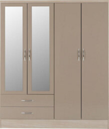 Seconique Nevada 4 Door 2 Drawer Mirrored Wardrobe In Oyster Gloss And Oak Effect Finish - thumbnail 2
