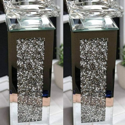 Biznest Set Of 2 Tall Pillar Diamante Mirrored Crystal Candle Holder Tea Light Holder Home- Best Gift 25Cm