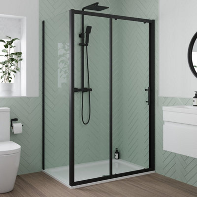 Affine 1400 X 800mm Sliding Shower Door Side Panel Enclosure 6mm Glass Black Framed - image 1