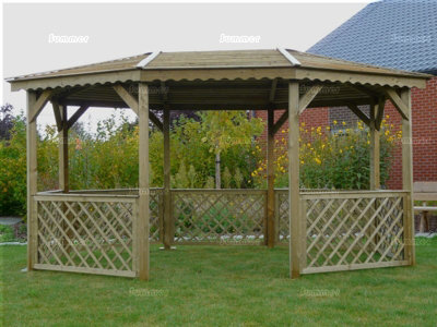 Octagonal Oval Wooden Gazebo With Trellis Panels, Pressure Treated - 14Ft X 10Ft (4.3M X 3.1M) - Fsc Certified