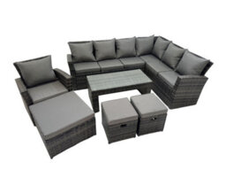Fimous Rattan Garden Furniture Set 7 Pieces Outdoor Garden Sofa Oblong Coffee Table Set With Chair 3 Footstools Dark Grey Mixed - thumbnail 1