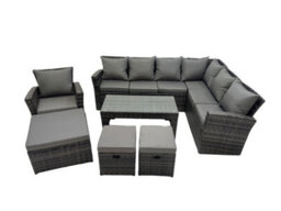 Fimous Rattan Garden Furniture Set 7 Pieces Outdoor Garden Sofa Oblong Coffee Table Set With Chair 3 Footstools Dark Grey Mixed - thumbnail 2