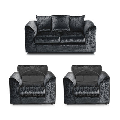 Furnishings For Less UK Crystal Crushed Velvet 3 Piece Sofa Set - 2 1 1 Black - Scatter Back - image 1