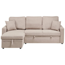 Beliani Corner Sofa Bed 3 Seater Nassjo Faux Linen Light Brown Right Hand - thumbnail 1