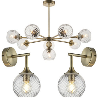 Loops 8 Light Pendant Lamp & 2X Matching Wall Lights - Antique Brass Clear Spiral Patterned Shade - image 1