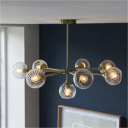 Loops 8 Light Pendant Lamp & 2X Matching Wall Lights - Antique Brass Clear Spiral Patterned Shade - thumbnail 4