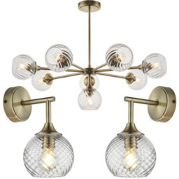 Loops 8 Light Pendant Lamp & 2X Matching Wall Lights - Antique Brass Clear Spiral Patterned Shade