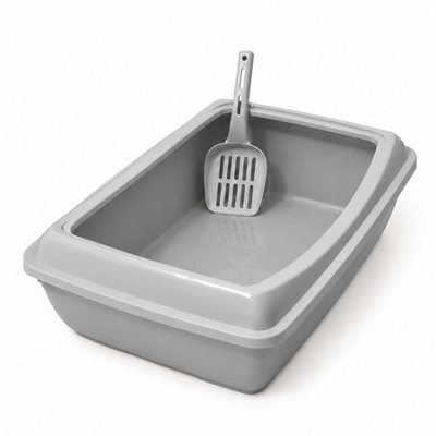 Divchi Spacious Open Cat Litter Tray With Scoop - Grey