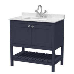Balterley Coppenhall Bathroom Floor Standing 1 Drawer Vanity & Single Bowl 1 Tap Hole Marble Top, Indigo Blue/white, 800mm