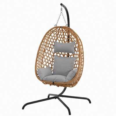 Urbn-Living Tulum Rattan Hanging Egg Chair Swing With Stand Garden Indoor Outdoor & Cushions - Light Brown - image 1