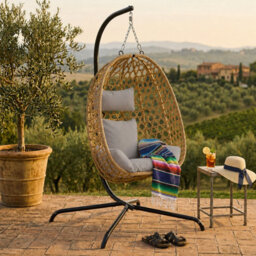 Urbn-Living Tulum Rattan Hanging Egg Chair Swing With Stand Garden Indoor Outdoor & Cushions - Light Brown - thumbnail 2