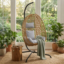 Urbn-Living Tulum Rattan Hanging Egg Chair Swing With Stand Garden Indoor Outdoor & Cushions - Light Brown - thumbnail 5