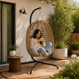 Urbn-Living Tulum Rattan Hanging Egg Chair Swing With Stand Garden Indoor Outdoor & Cushions - Light Brown - thumbnail 3