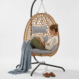 Urbn-Living Tulum Rattan Hanging Egg Chair Swing With Stand Garden Indoor Outdoor & Cushions - Light Brown - thumbnail 6