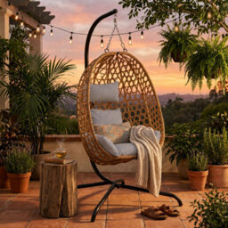 Urbn-Living Tulum Rattan Hanging Egg Chair Swing With Stand Garden Indoor Outdoor & Cushions - Light Brown - thumbnail 4