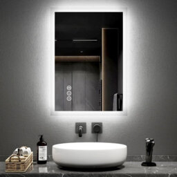 Emke Bluetooth Bathroom Mirror With Shaver Socket, 500X700mm Blue Atmosphere Light Mirror With 2 Color, Dimmable, Demister - thumbnail 1