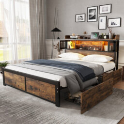 Btm 4Ft6 Double Metal Bed Black Wood Colour With Led Strip Drawers And Charging Ports For Adults Teens