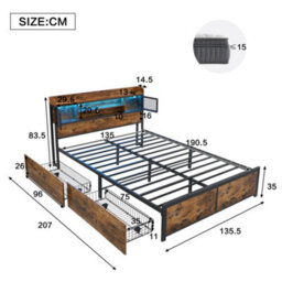 Btm 4Ft6 Double Metal Bed Black Wood Colour With Led Strip Drawers And Charging Ports For Adults Teens - thumbnail 4