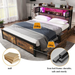 Btm 4Ft6 Double Metal Bed Black Wood Colour With Led Strip Drawers And Charging Ports For Adults Teens - thumbnail 5