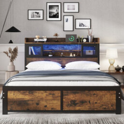 Btm 4Ft6 Double Metal Bed Black Wood Colour With Led Strip Drawers And Charging Ports For Adults Teens - thumbnail 2