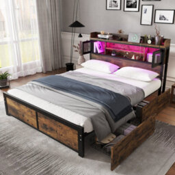 Btm 4Ft6 Double Metal Bed Black Wood Colour With Led Strip Drawers And Charging Ports For Adults Teens - thumbnail 3