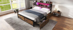 Btm 4Ft6 Double Metal Bed Black Wood Colour With Led Strip Drawers And Charging Ports For Adults Teens - thumbnail 8
