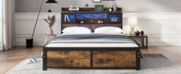 Btm 4Ft6 Double Metal Bed Black Wood Colour With Led Strip Drawers And Charging Ports For Adults Teens - thumbnail 9